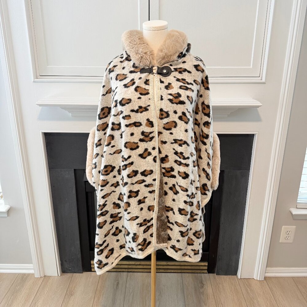 🐆 Leopard Print Faux Fur Hooded Cape | ON BLUE | One Size
